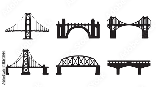 Set of bridge icons vector silhouette illustration of various bridge designs isolated on white background