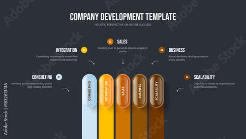 Modern Briefing Slide Template Vector Illustration. Creative Showcase Five Step Diagram Slideshow Design. Business Visualization 5 Element Infographic Frame Layout.