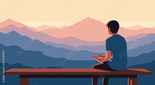 A young man sits contemplatively on a bench, sketching or reading, overlooking a magnificent layered mountain landscape bathed in the warm glow of a serene sunset.