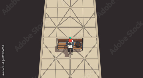 A lone person in a red jacket and green beanie sits quietly on a wooden park bench, viewed from above, reflecting urban solitude on a patterned sidewalk.