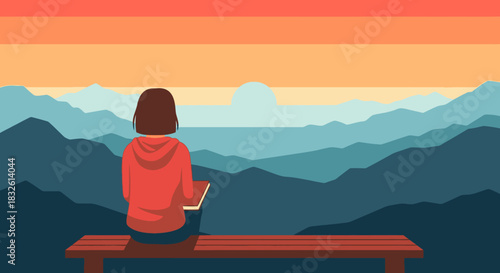 A lone figure sits peacefully on a wooden bench, admiring the breathtaking panoramic mountain vista bathed in the warm hues of a beautiful sunset.