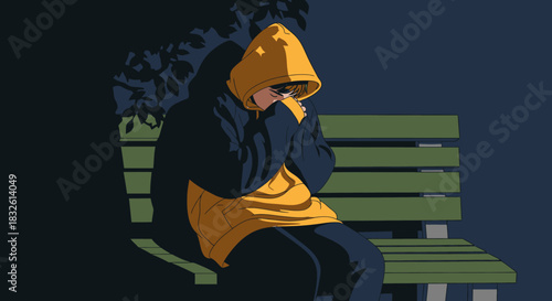 A person in a yellow hoodie sits alone on a dark park bench, hiding their face in their hands, conveying deep sadness and isolation.