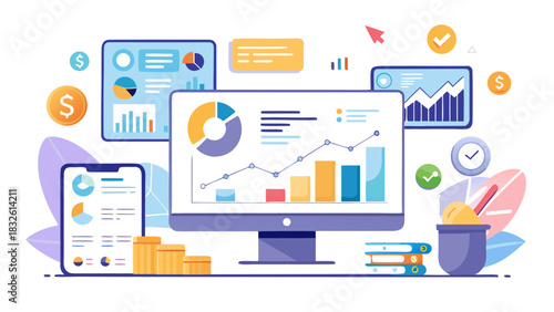 Business data analysis on computer with graphs and charts