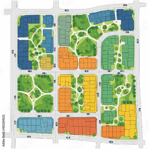 A detailed illustration showcases a colorful urban planning map, highlighting various buildings, parks, and roads in a vibrant city design.