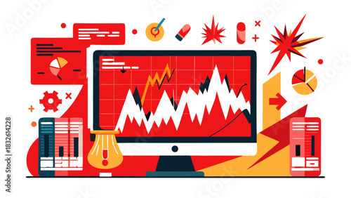 stock market crash, declining graph on computer screen with financial icons