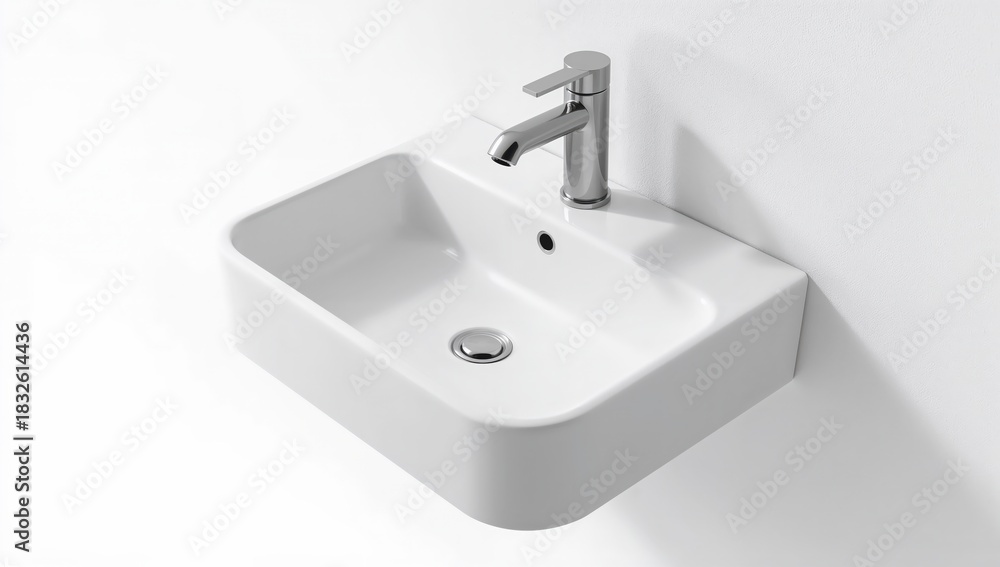 Fototapeta premium Modern white ceramic bathroom sink with minimalist chrome faucet mounted on white wall in contemporary interior