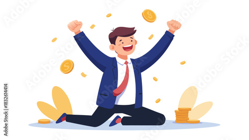 Cheerful businessman celebrating success with falling coins