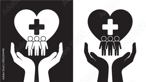Charity and support vector illustration hands holding heart with plus sign and people concept for healthcare and community service