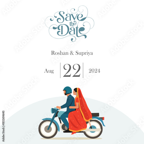 Fun Indian Save the Date Card Couple on Scooter Wedding Invitation Illustratio