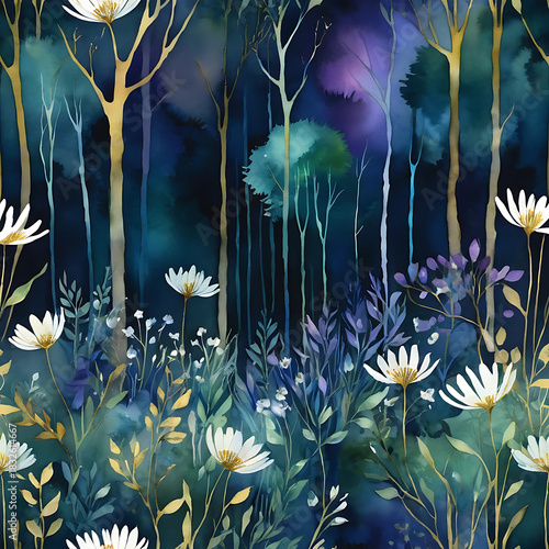 abstract wild irish glowing flowers in dark purple and blue gradient with green goldwn touch patels and brunches combination colors with water colors painting, minimalist outline style, thin brush use