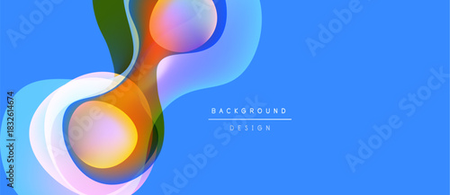 Abstract shapes overlap, creating vibrant color gradients. Blue background enhances dynamic visual composition. Modern design element.