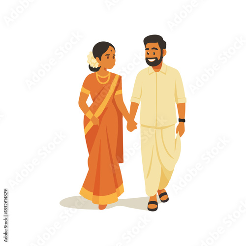 South Indian Couple in Traditional Attire Holding Hands Illustration