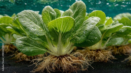 Close-Up of Fresh Bok Choy Growing in Hydroponic System with Visible Roots and Water Droplets on Vibrant Green Leaves in Controlled Environment