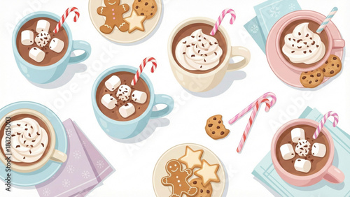 Christmas hot chocolate mugs and cookies vector illustration. Top view set of winter cocoa cups with marshmallows, whipped cream, and candy canes isolated on white background.
