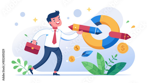 Businessman launching rocket to hit target, symbolizing growth and success