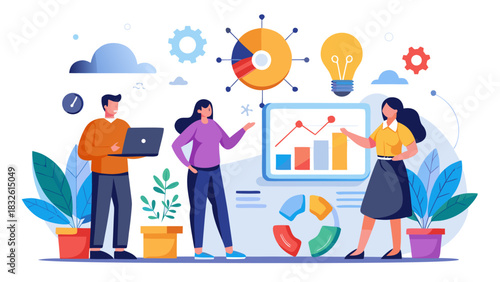 Business team analyzing data and brainstorming ideas together