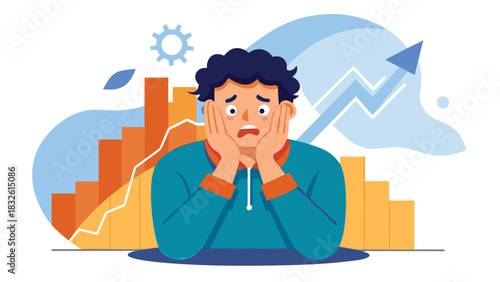 Stressed man in front of declining business graph and worried expression