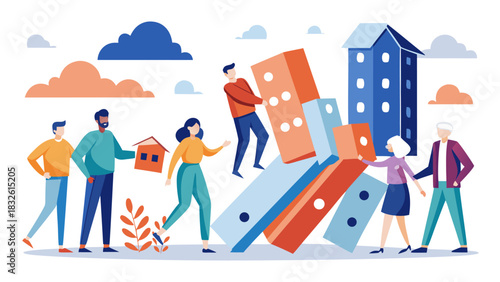 people standing near falling dominoes with buildings and clouds