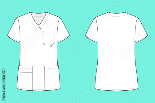 Unisex V-Neck Scrubs Tunic Top Technical Flat Sketch CAD Mockup