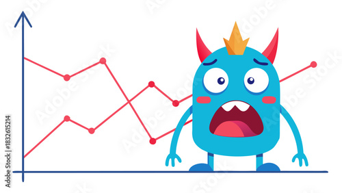 Cartoon blue monster looking worried at declining business graph