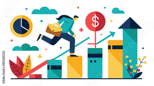 Businessman climbing up graph with money and growth symbols