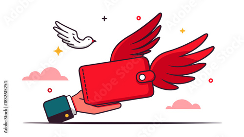 a hand releasing a red wallet with wings and a white dove flying away
