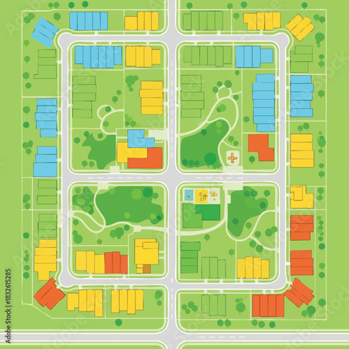 An aerial view of a colorful, stylized neighborhood plan showcasing buildings, parks, and roads in a vibrant, geometric layout.