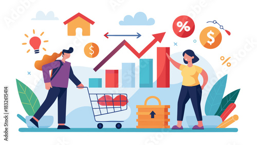 people shopping and analyzing financial growth with graphs