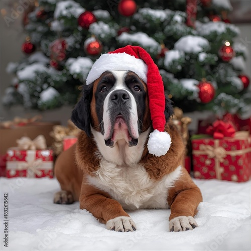 Christmas Saint bernard dog wearing santa hat
