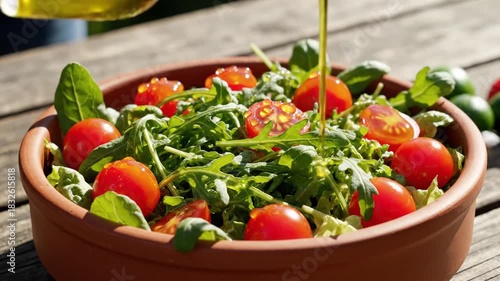 Fresh salad preparation with cherry tomatoes and greens