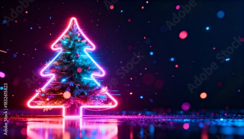 neon glowing Christmas tree outline, futuristic cyberpunk colors, dark background, floating particles