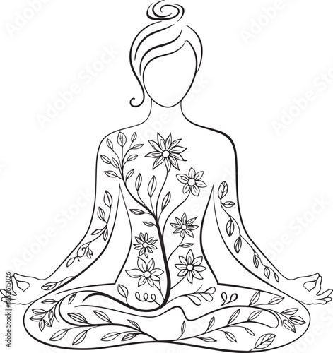 Woman in lotus position with floral elements in simple line art vector design