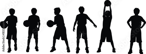 Black silhouette of six boys playing basketball in various poses on white background