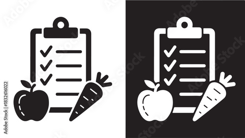 Diet plan vector icon healthy food checklist with apple and carrot isolated flat design for nutrition and wellness apps