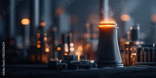 Hazard Radioactive Impact concept. Industrial scene with a cooling tower and glowing lights at night.
