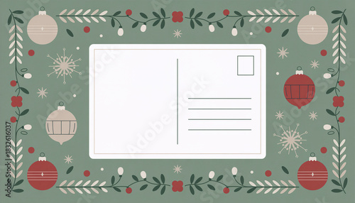 Festive Christmas Postcard Template. Blank Holiday Card Design with Winter Ornaments, Snowflakes & Berries
