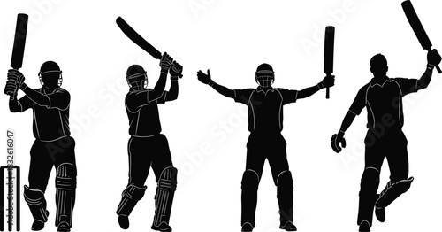 Black silhouette of four cricket players in action with bats and wickets sport batsman