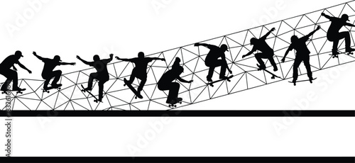 Black silhouettes of skateboarders performing tricks on a triangular grid structure