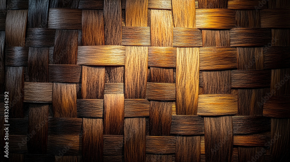 Obraz premium Natural woven basket texture illuminated with soft, warm light, highlighting the organic fibers and handcrafted pattern. Ideal for backgrounds, design materials, and rustic themes.