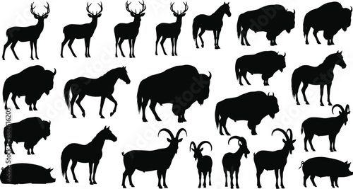 Collection of black animal silhouettes including deer bison horses goats and pig