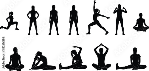 Collection of black female silhouettes performing various yoga and fitness poses