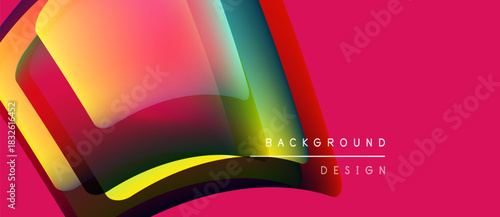 Abstract fluid shapes overlap, creating vibrant color gradients. Pink background complements dynamic design elements. Modern, stylish composition.