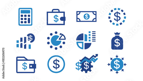 Collection of blue finance and business icons representing money growth savings and financial analysis on a white background