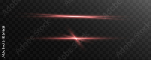 Ruby light beam creates a bright shimmering line with radiant reflections and glowing motion. Vivid light flow enhances dynamic shine. Red light streak vector.