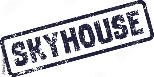 Distressed Skyhouse rubber stamp impression with a bold rectangular frame and dark blue ink