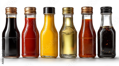 Variety of sauces in glass bottles including soy sauce ketchup mustard and oil isolated on white