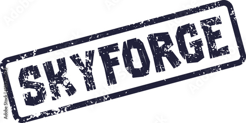 Grunge style Skyforge rubber stamp impression in deep blue ink with a rectangular outline