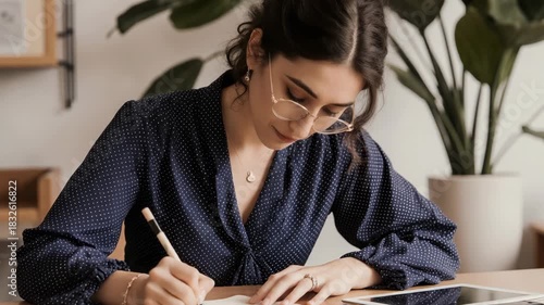 Concentrated Woman Writing with Pen on Paper at Desk