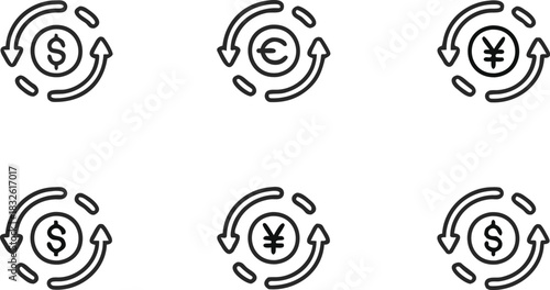 Collection of six white currency exchange icons with circular arrows on a black background representing dollar euro and yen symbols