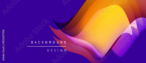 Abstract fluid shapes blend vibrant purple, orange hues. Dynamic composition creates modern background design. Smooth gradients suggest movement, energy.